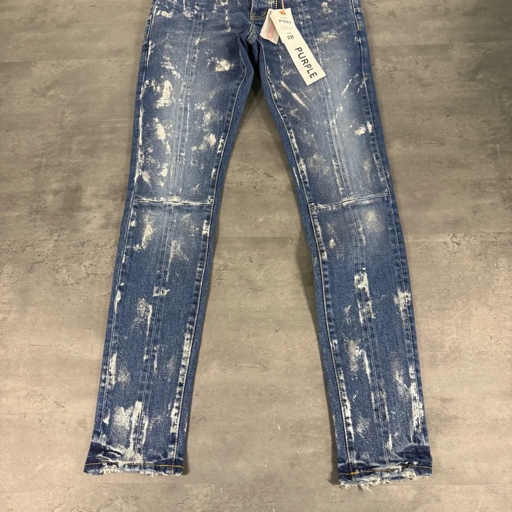 Purple Brand P001 Skinny Jeans Mens 28 Blue Metallic Paint Splatter Distressed